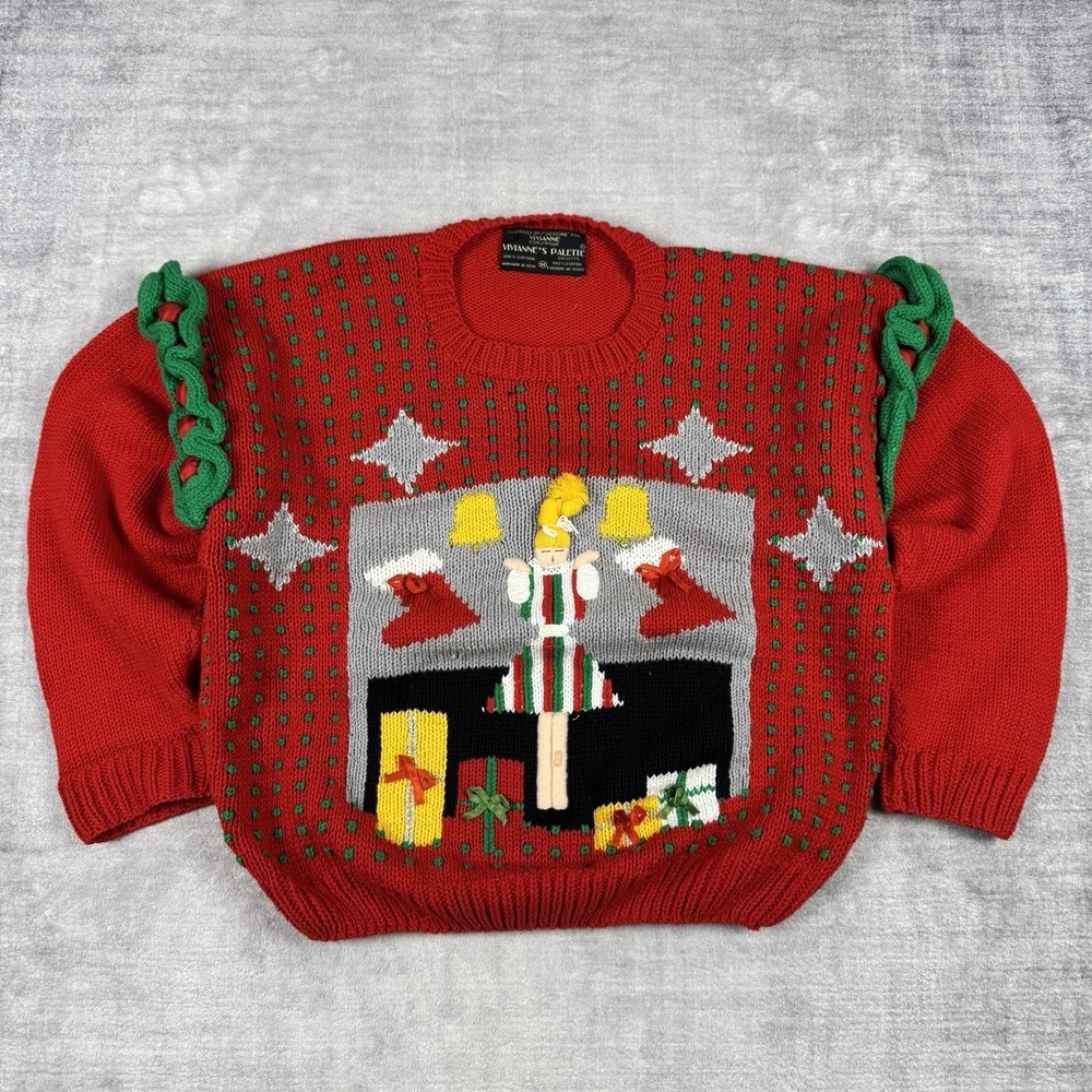 Viviane's Palette‎ Sweater Woman's Large Red Vintage Chunky Knit 3D Christmas